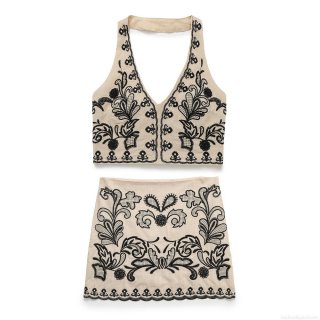 Women Halter V-Neck Embroidery Crop Top And Mini A-Line Skirt 2 Piece Set Cotton Blend Floral Bohemian Ethnic Beige Summer Vacation Suit