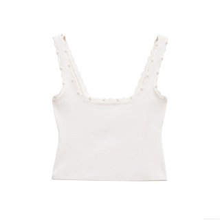 Women's White Two Piece Skirt Set Knit Ribbed Cropped Cami Top and Pearl Trim Mini Skirt Sexy Summer Casual Streetwear Party Wear For Lady