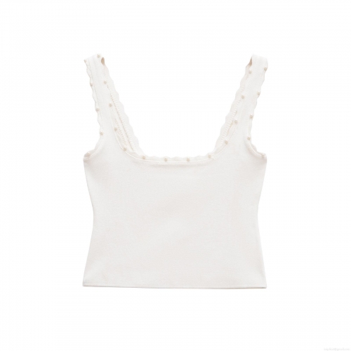 Women's White Two Piece Skirt Set Knit Ribbed Cropped Cami Top and Pearl Trim Mini Skirt Sexy Summer Casual Streetwear Party Wear For Lady