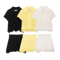 Women's 2 Piece Knit Skirt Set Tassel Hollow Out Crochet Short Sleeve Turn-Down Collar Top Mini Skirt Suits Casual Sexy Streetwear Outfits White Black Yellow