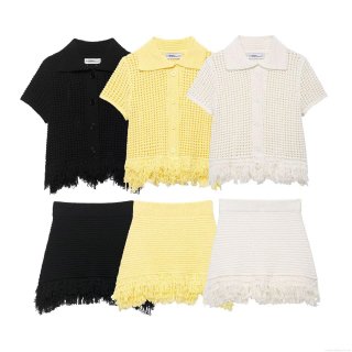 Women's 2 Piece Knit Skirt Set Tassel Hollow Out Crochet Short Sleeve Turn-Down Collar Top Mini Skirt Suits Casual Sexy Streetwear Outfits White Black Yellow