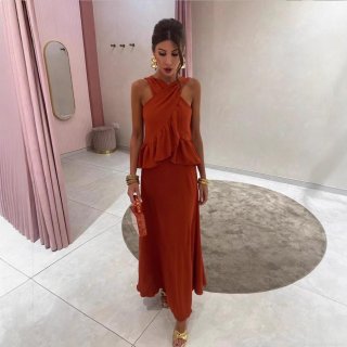 Women's Sexy Crisscross Halter Neck Crop Top and Ruffle Trim Long Skirt Two Piece Set Summer Casual Vacation Beach Outfits Solid Color Cotton Blend Clothing