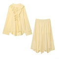 Women's Casual 2 Piece Skirt Set Long Sleeve V Neck Ruffled Chiffon Top And Pleated Midi Skirt Light Yellow Elegant Loose Streetwear Outfit