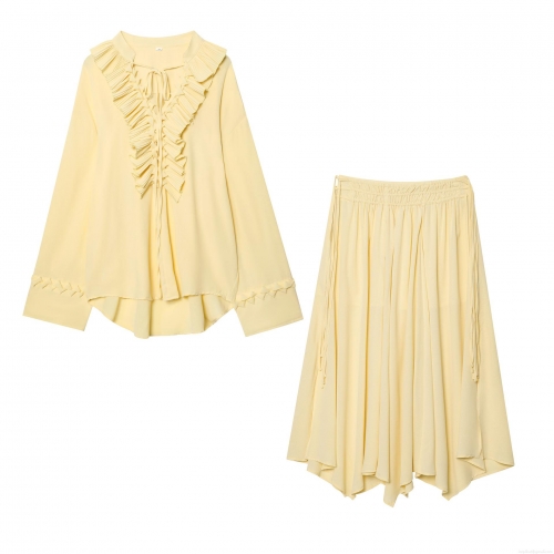 Women's Casual 2 Piece Skirt Set Long Sleeve V Neck Ruffled Chiffon Top And Pleated Midi Skirt Light Yellow Elegant Loose Streetwear Outfit