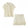 Women's Crochet Knit Tassel Two Piece Set Cotton Blend Short Sleeve Cardigan Top And High Waist Mini Skirt Summer Streetwear Outfit