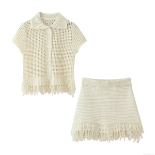 Women's Crochet Knit Tassel Two Piece Set Cotton Blend Short Sleeve Cardigan Top And High Waist Mini Skirt Summer Streetwear Outfit