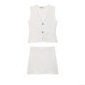 Women's Two-Piece Knit Skirt Set V-Neck Buttoned Vest and Mini Skirt Texture Knit Sleeveless Top Slim Fit Casual Co-ords Streetwear Style Cream White