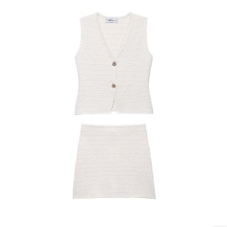 Women's Two-Piece Knit Skirt Set V-Neck Buttoned Vest and Mini Skirt Texture Knit Sleeveless Top Slim Fit Casual Co-ords Streetwear Style Cream White