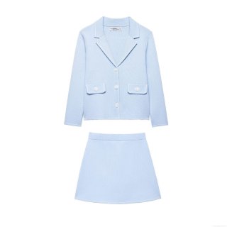 Women's Light Blue Knit Skirt Suit Contrast Trim Long Sleeve Lapel Cardigan Jacket And A-line Mini Skirt Two Piece Set Casual Streetwear Clothing