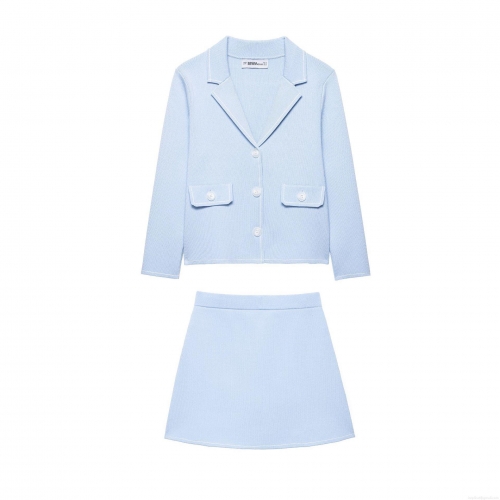Women's Light Blue Knit Skirt Suit Contrast Trim Long Sleeve Lapel Cardigan Jacket And A-line Mini Skirt Two Piece Set Casual Streetwear Clothing