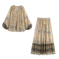 Bohemian Printed Women 2 Piece Set V-Neck Lantern Sleeve Shirt And Tassel Midi Skirt Vintage Ethnic Floral Lurex Polyester Cotton Outfits