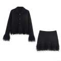 Women's Knit Fringe Two Piece Set Long Sleeve Lapel Button Up Top And Bodycon Mini Skirt Solid Black Streetwear Casual Skirt Suit