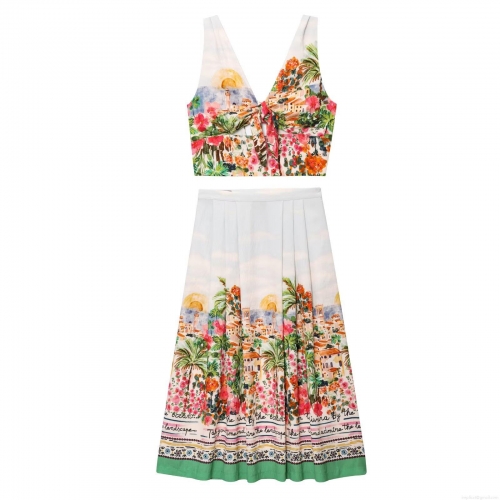 Mediterranean Landscape Print Women's Two Piece Set V-Neck Tie Front Crop Top And High Waist Pleated Midi Skirt Summer Vacation Beach Outfits