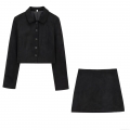 Women's Two-Piece Faux Suede Skirt Set Minimalist Solid Black Long Sleeve Short Jacket And High Waist A-Line Mini Skirt Casual Streetwear Outfit