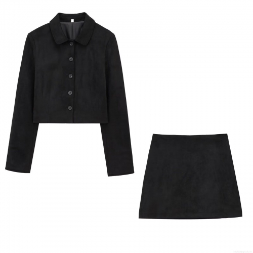 Women's Two-Piece Faux Suede Skirt Set Minimalist Solid Black Long Sleeve Short Jacket And High Waist A-Line Mini Skirt Casual Streetwear Outfit