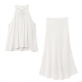Women's 2 Piece Skirt Set 100% Cotton Gauze Halter Neck Sleeveless Top And Midi Skirt Summer Casual Solid White Minimalist Outfit For Women