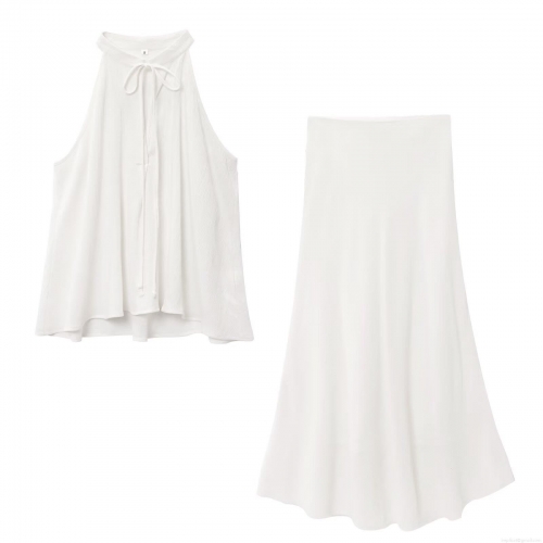 Women's 2 Piece Skirt Set 100% Cotton Gauze Halter Neck Sleeveless Top And Midi Skirt Summer Casual Solid White Minimalist Outfit For Women