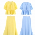 Women's Summer Two-Piece Set V-Neck Tie-Front Puff Sleeve Ruffle Peplum Top and High Waist A-Line Midi Skirt Solid Color Casual Streetwear Skirt Suit