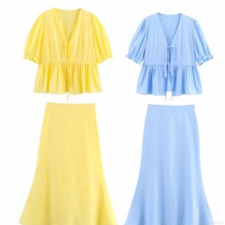 Women's Summer Two-Piece Set V-Neck Tie-Front Puff Sleeve Ruffle Peplum Top and High Waist A-Line Midi Skirt Solid Color Casual Streetwear Skirt Suit