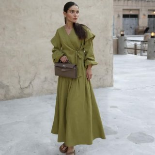 Women's Two Piece Set Solid Color Long Sleeve Wrap Top And Maxi Skirt Elegant Polyester Cotton Blend Casual Streetwear Outfits For Women