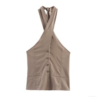 Women's Linen Blend Two Piece Set Halter Neck Backless Vest Top And High Waist A-Line Midi Skirt Solid Color Casual Vacation Outfit