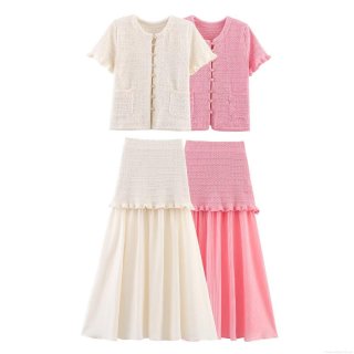 Women Elegant Knitted Two Piece Skirt Set Short Sleeve Cardigan Top and Spliced Pleated Midi Skirt Sweet Tweed Style Summer Outfits