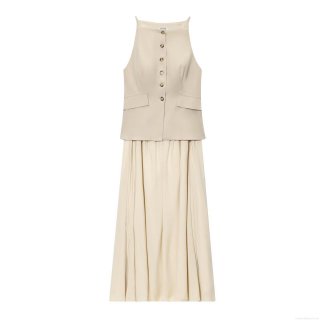 Women's Elegant Two-Piece Skirt Set Gauze Cotton Rayon Sleeveless Halter Button Vest And Pleated Long Skirt Set For Commute Party Women