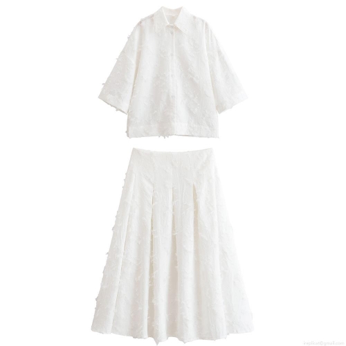 Women's White Two Piece Skirt Set 100% Polyester Oversized Fringe Tassel Button Down Shirt and High Waist A-Line Midi Skirt Casual Elegant Summer Streetwear Outfits For Women