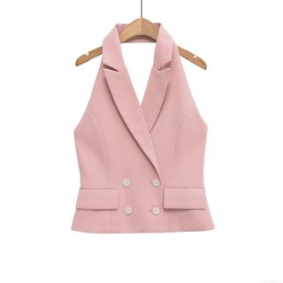 Women Two Piece Set Sexy Halter Neck Notched Lapel Vest Top and Pink White Plaid Pleated Mini Skirt Polyester Cotton Blend Co-ords Suit Streetwear Summer Outfit