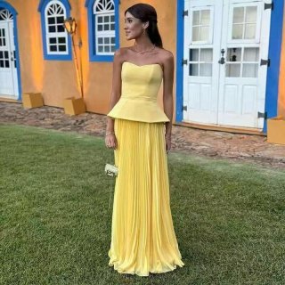 Women's Yellow Two Piece Set Sexy Strapless Peplum Top And Elegant Pleated Maxi Skirt Casual Vacation Summer Beachwear Outfits Streetwear