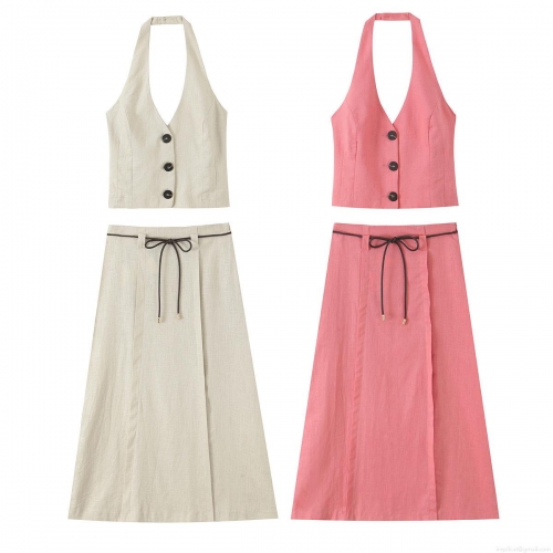 Women's Halter Neck Top And Midi Skirt Two Piece Set Cotton Linen Blend Sleeveless Backless Summer Outfit Casual Streetwear For Women