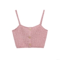 Women's Pink Textured Knit Two-Piece Set Retro Gold Button Crop Cami Top High Waist Mini Skirt Outfits For Women Party Daily Casual Streetwear Bodycon Clubwear