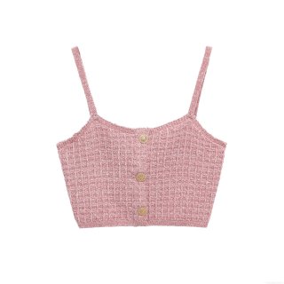 Women's Pink Textured Knit Two-Piece Set Retro Gold Button Crop Cami Top High Waist Mini Skirt Outfits For Women Party Daily Casual Streetwear Bodycon Clubwear