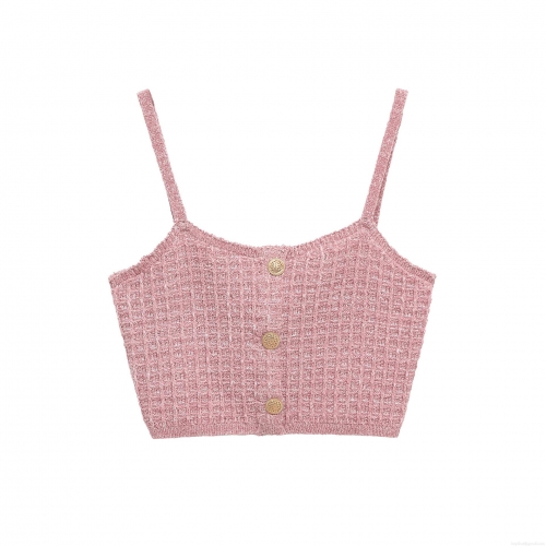 Women's Pink Textured Knit Two-Piece Set Retro Gold Button Crop Cami Top High Waist Mini Skirt Outfits For Women Party Daily Casual Streetwear Bodycon Clubwear