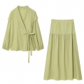 Women's 2 Piece Casual Skirt Set Sage Green Cotton Blend Lantern Sleeve Wrap Top and High Waist Ruffled Midi Skirt Outfit for Summer Vacation Streetwear
