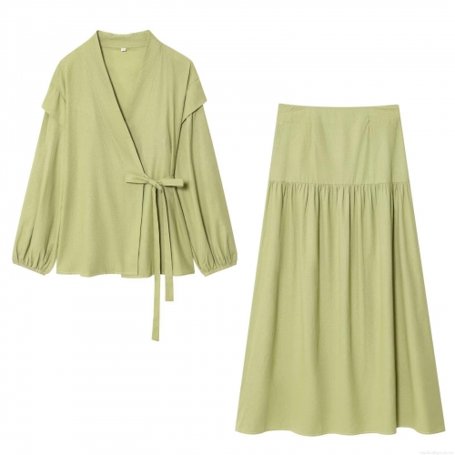 Women's 2 Piece Casual Skirt Set Sage Green Cotton Blend Lantern Sleeve Wrap Top and High Waist Ruffled Midi Skirt Outfit for Summer Vacation Streetwear
