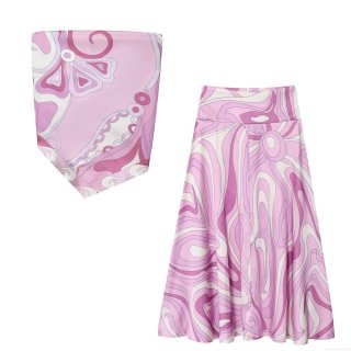 Women's 2 Piece Set Abstract Vortex Print Satin Scarf Bandeau Top and High Waist A-Line Midi Skirt Streetwear Summer Vacation Outfits