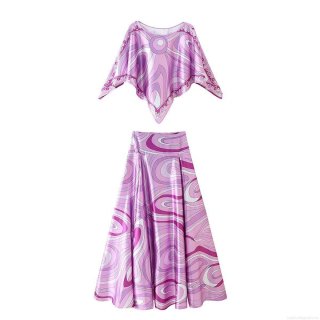 Women Two Piece Set Abstract Geometric Print Satin Cloak Cape Top And High Waist A-Line Midi Skirt Set Elegant European Streetwear Vacation Outfit For Ladies