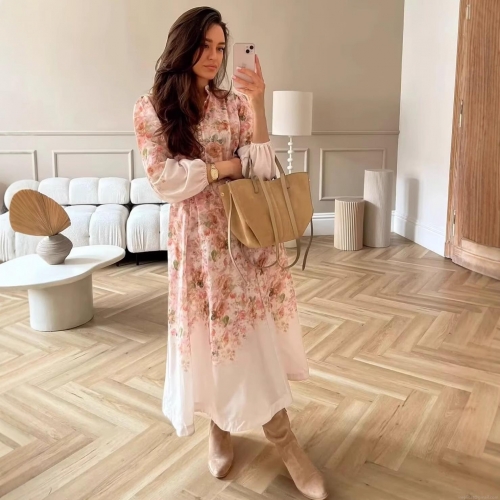 Women's 2 Piece Floral Print Outfits Elegant Long Sleeve Chiffon Shirt and High Waist A-Line Midi Skirt Set Vintage French Style Casual Suits for Women