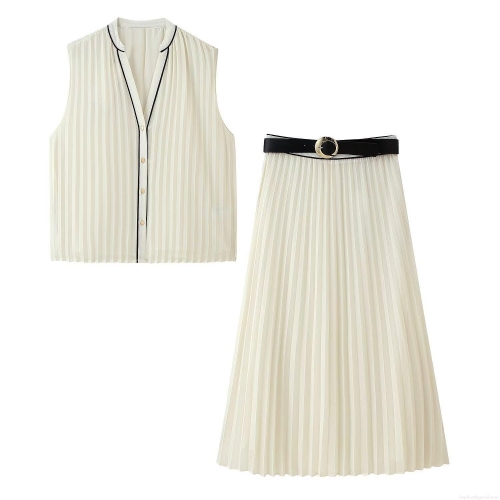 Women's Sleeveless Pleated Chiffon Shirt and Midi Skirt Set with Black PU Belt Metal Buttons Contrast Trim Elegant 2 Piece Summer Outfit