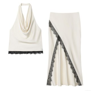 Women's Elegant Satin Acetate Linen Two Piece Set Halter Neck Backless Crop Top And High Slit Midi Skirt With Black Lace Trim Chic Party Club Outfits