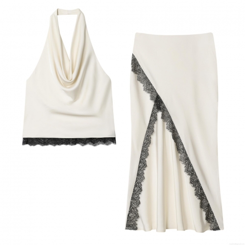 Women's Elegant Satin Acetate Linen Two Piece Set Halter Neck Backless Crop Top And High Slit Midi Skirt With Black Lace Trim Chic Party Club Outfits