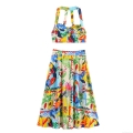 Women Tropical Print Two Piece Set Halter Neck Crop Top And High Waist Midi Skirt Summer Vacation Beach Poplin Streetwear Colorful Fruit Bird Print Outfit