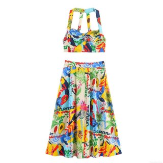Women Tropical Print Two Piece Set Halter Neck Crop Top And High Waist Midi Skirt Summer Vacation Beach Poplin Streetwear Colorful Fruit Bird Print Outfit