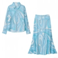 Women Abstract Blue Swirl Printed Two Piece Set Polyester Cotton Long Sleeve Button Shirt And High Waist A-Line Maxi Skirt Two Piece Outfit For Summer Vacation Streetwear