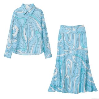 Women Abstract Blue Swirl Printed Two Piece Set Polyester Cotton Long Sleeve Button Shirt And High Waist A-Line Maxi Skirt Two Piece Outfit For Summer Vacation Streetwear