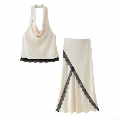 Women's Two Piece Satin Halter Top and Midi Skirt Set With Black Lace Trim Elegant Ivory Streetwear Casual Outfits For Dating Party