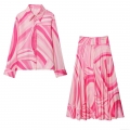 Women's Two Piece Skirt Set Pink Abstract Vortex Print Satin Long Sleeve Shirt And Maxi Skirt Streetwear Casual Vacation Outfit