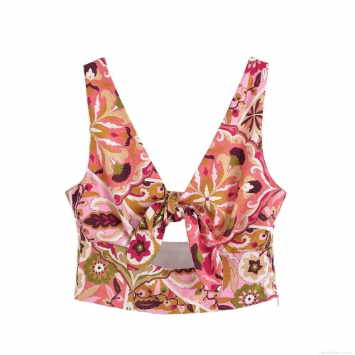 Bohemian Floral Print Sleeveless Crop Knot Top And High Waist Button Front Mid-Length Skirt For Women Vacation Beach Streetwear Casual Set