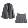Women's French Vintage Grey Pinstripe Blazer and Pleated Mini Skirt 2 Piece Set Polyester Blend Chic Streetwear Suit Outfits For Office Daily Wear